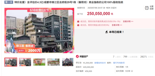 万银鼎信 成都春熙坊项目公司股权2.5亿元成交 目前年租金456万元
